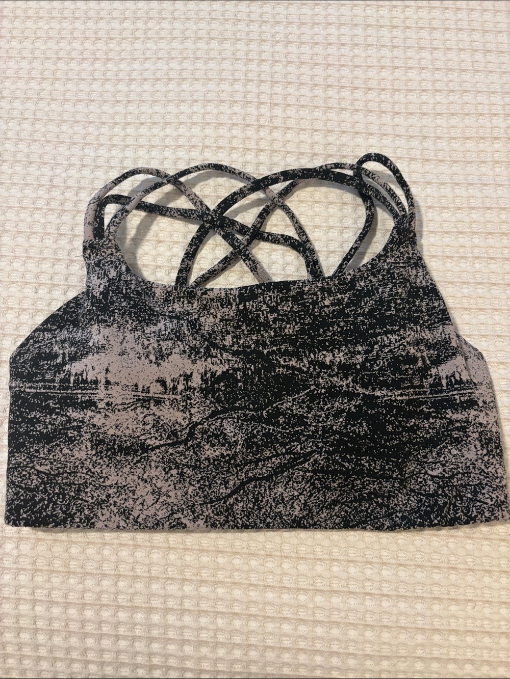 Athleta Black and Light Pink Marble Print Strappy Sports Bra